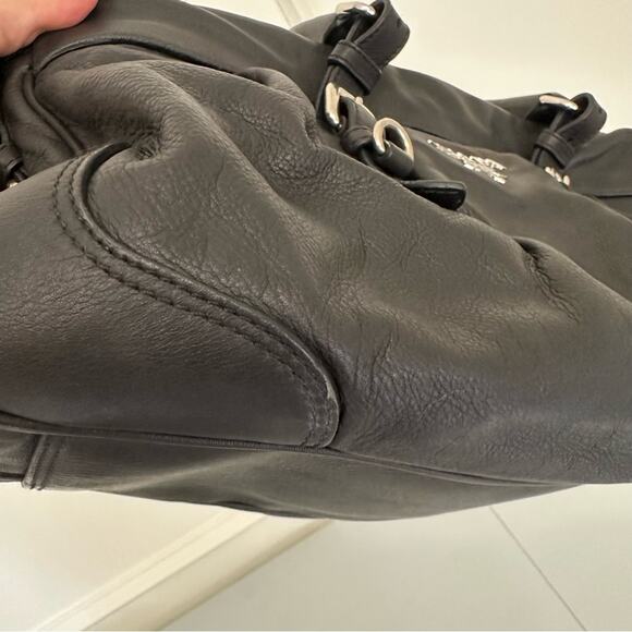 Vintage Prada Black Top Handle Bag Satchel Crossbody Silver Logo Belt Designer - Picture 15 of 16